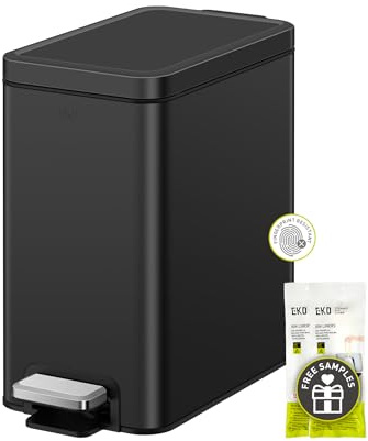 EKO Liten soptunna för badrum med lock med mjuk stängning, stegpedal, matt svart 6 liter/1,6 gallon soptunna i rostfritt stål med avtagbar inre hink, anti-fingeravtrycksfinish