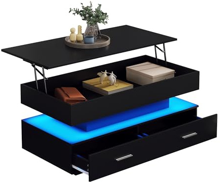 xixiworkshop Hydraulisch höhenverstellbarer Couchtisch, Bluetooth APP-Steuerung, 2 Schubladen und offener Stauraum, weißer Lift-up Couchtisch, 100 x 50 x 44 cm (schwarz)