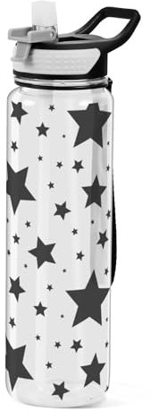 Mnsruu Transparente Sport-Wasserflasche mit Strohhalm, auslaufsichere Trinkflasche, schwarzer Stern auf weißem Fahrradflaschen für Sport, Büro, Schule, BPA-freier Tritan-Kunststoff, 1 Liter