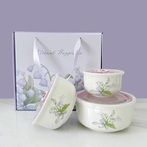 Cnwinu Keramik-Salatschüssel mit Deckel, Suppenschüsseln, Küchenschüssel, Rühren, Lunchbox, geeignet für Snacks, Suppe, Reis, Obst, Gemüse (violette Glockenblume)