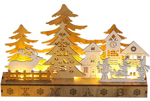 LED Weihnachtsbeleuchtung aus Holz, Weihnachtsdeko Beleuchtung Holz Weihnachtsdorf Häuser mit LED Licht, Weihnachtsdeko Innen Weihnachtshäuser Deko Weihnachten Holzhaus Beleuchtet Weihnachtshaus (B)