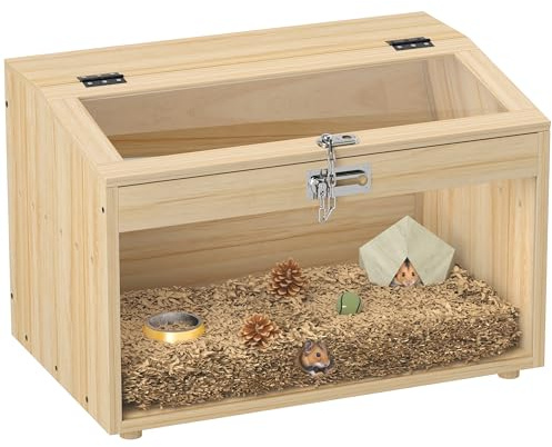 PawHut Cage à Hamster en Bois, Cage à Souris avec Couvercle ouvrable, fenêtre en Acrylique et Trous de Ventilation pour Hamsters Nains et gerbilles, 55 x 35 x 35 cm, Effet Bois Naturel