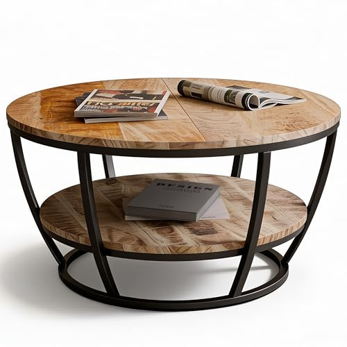 Liadomo Couchtisch Gianna, rund 86cm, Wohnzimmertisch, Beistelltisch, Tischplatte aus Mangoholz, Metallgestell in Schwarz pulverbeschichtet, mit zusätzlicher Ablage, robust, pflegeleicht