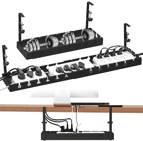 GwaOery Under Desk Cable Management Tray Adjustable Long Organiser with Clamp Mount Non Drilling Table Cable Basket Free and Tidy Wire Organizer Clip for Office Workspace Kitchens, Black