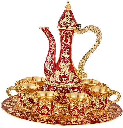 Kodxylytix Juego de tetera turca vintage para bar, regalo de boda, mesa de comedor, rojo, dorado y rojo
