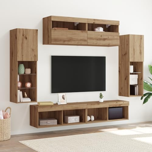 KTHLBRH TV-Wandeinheiten mit LED-Lichtern 2 Stück Artisan Eiche tv möbel HiFi Rack Sideboard tv Konsolentisch mit Schubladen 80x30x30 cm