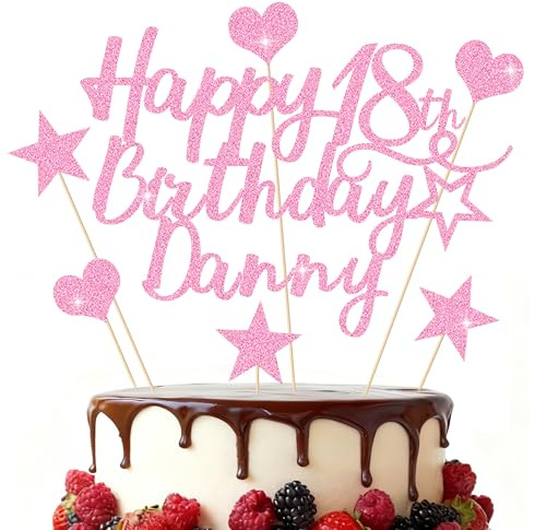 EDSG Personalised Happy Birthday Cake Topper, Custom Birthday Party Decoration, Double-Sided Glitter Cake Topper 13th 16th 18th 21st 30th 40th 50th 60th 80th (Baby Pink)