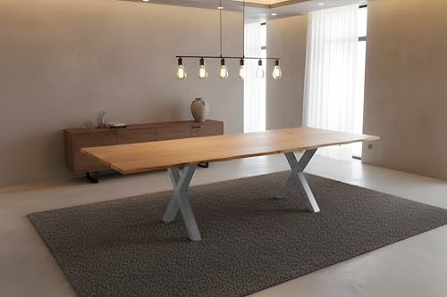 SAM Esstisch Sessa mit Ansteckplatten | 160 x 85 cm (erweiterbar auf 260 x 85 cm) |Eichenholz massiv + geölt | echte Baumkante | X-Gestell Metall Silber | Baumkantentisch/Esszimmertisch