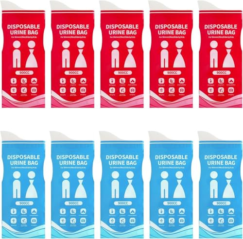 UOCAI 10 stycken utomhus 900 ml urinpåsar för resor, väskor toalett, nödsituationer toalett för bil, nödtoaletter, pinkelväskor, näsduk kvinnor för vandring bil stuff resor (blå och rosa)
