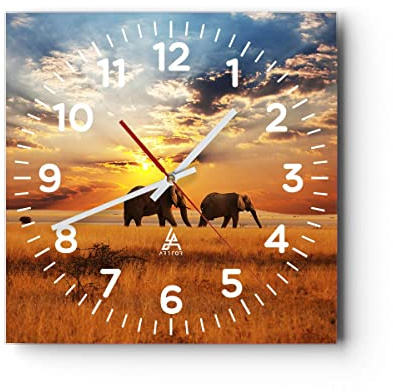 Modern Wanduhr Elefanten Safari Dschungel Busch 30x30cm Quadrat Klein Wand Uhr Glas Analog Zimmeruhren Küche Büro Wohnzimmer Glasuhr Wall Clock Dekoration Design Küchenuhr C4AC30x30-3150