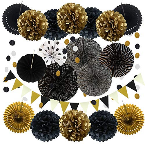 ZERODECO Décoration de fête Fournitures, 21 Pièces Noir Papier Pompoms Fleurs, Eventail Boule, Banderole en Triangle, Ventilateur Guirlandes fête Baptême Birthday Graduation d'anniversaire Décoration