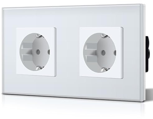 BSEED Schuko Steckdose 2 Fach EU-Standard DoppelsteckdoseWandsteckdose Kristall Glas Platte 16Amp 250 V Verlängerungssteckdosen 157mm Weiß