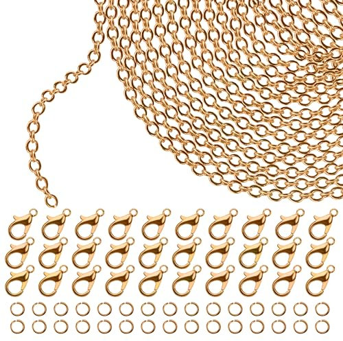 Kurtzy Catena per Collane Fai da Te Dorati - Catenella Collana a Maglie in Ferro 10 m x 1,5 mm, 30 Ganci per Braccialetti Fai da Te e 30 Anelli di Salto - Catenine per Collane, Bracciali, Ciondoli