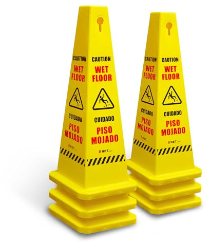 8 NET 6-Pack Heavy Duty 36’’ Bright Yellow Caution Wet Floor Cones, 4-Sided Bilingual Caution Sign, Wet Floor Imprint| Cuidado Piso Mojado| Avoid Fall & Slip Accident