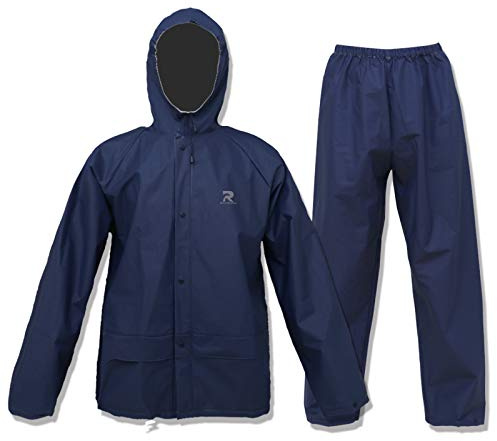 Traje de lluvia ultraligero para hombres, mujeres, impermeable, protector de lluvia con pantalones, 2 piezas (Blu navy, XL)