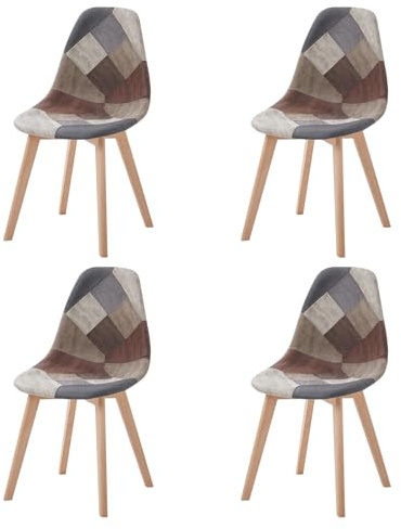 GrandCA HOME 4er Set Stühle mit Sitzkissen aus Patchwork-Stoff, Esszimmerstühle mit Holzbeinen aus Metall für Wohnzimmer, Esszimmer und Küche, Braun