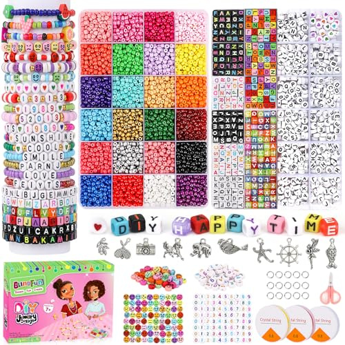 Blingfun 5500 Stück 4mm Bunte Perlen Für Armbänder, Glasperlen und Alphabet Perlen Armband Set，Mädchenschmuck für Freundschaftsarmbänder für Festivals, Geburtstage, Konzerte und mehr