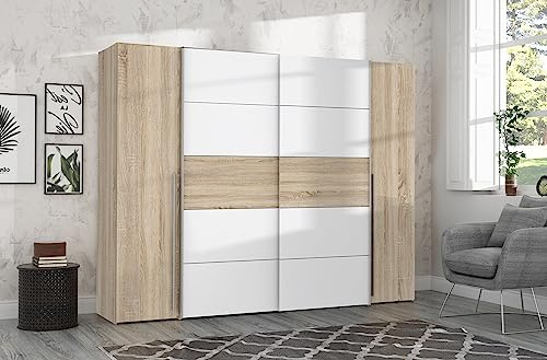 FORTE Narago Schrank 270, weißer Kleiderschrank, Schwebetürenschrank mit Drehtüren, Weiß kombiniert mit Holzdekor Sonoma Eiche, 270,3 cm breit x 210,5 cm hoch x 61,2 cm tief