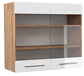 Vicco Küchenglasschrank Fame-Line, Weiß Hochglanz, 80 cm | MDF-Front · Soft-Close · Tiefe – 34,1 cm · Metallgriffe · ✓ Alles im Blick