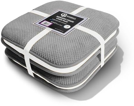 Casabella Memory Foam Chair Cushion Non Slip Back, Round Square Honeycomb Pattern Set of 4 Chair Pads,Durable Seat Cushion for Dinning Chairs, Office Desk & Patio-16x16 Silver Memory Foam Seat Cushion