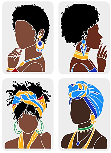 FINGERINSPIRE 4 Stück Beauty African Tribal Frau Malschablonen 21x29.7 cm Frau Mädchen Gesicht Silhouette Schablone Wiederverwendbare PET Aushöhlungs Bastelvorlage Zum Malen An Wänden Holzmöbeln
