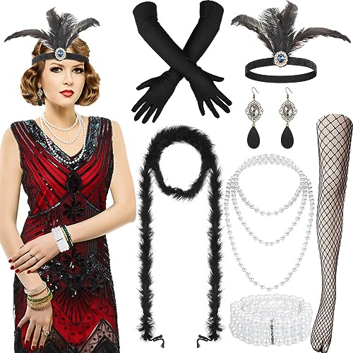 Blulu 9 Stück 1920er Jahre Damen Flapper Kleid Kostüm Set V Ausschnitt Pailletten Perlen Swing Fransen Kleid mit Roaring 1920er Jahre Accessoires (Rot, XL)