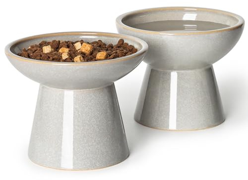YauYik Upphöjd kattmatskålsset, 15,7 cm extra breda upphöjda skålar, grund maträtt morrhår vänlig för katter och små hundar, upphöjd design för enkel ätning, grå, set med 2