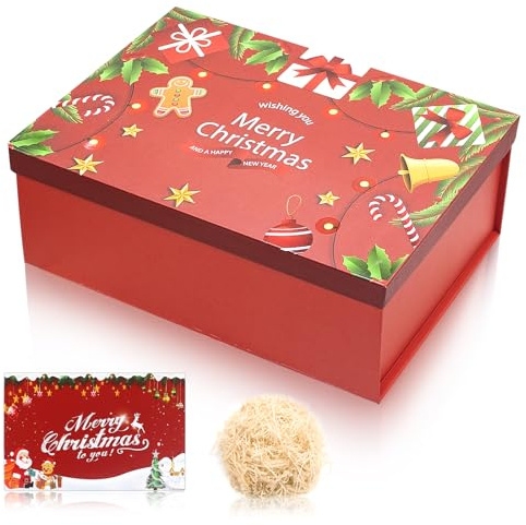 Weihnachten Geschenkbox Set, Geschenkboxen mit Deckel, Geschenkschachtel mit Deckel, Weihnachtsbaumboxen,Grünen und Roten Weihnachtsmotiven für Weihnachten Geschenk Verpackung (29 * 22 * 10.5cm, Rot)