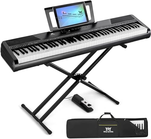 MUSTAR E Piano numérique 88 touches avec sensibilité tactile support, piano électrique portable 88 touches semi-lesté pour débutants, 2 haut-parleurs stéréo 2 x 25 W, sac de transport, noir