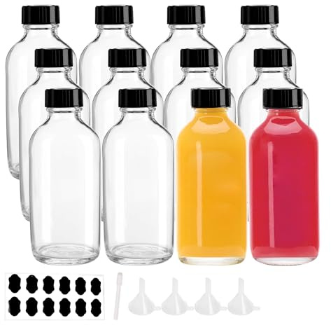 YBCPACK 12 Pack 4oz Glass Bottles with Lids, 120ml Small Ginger Shot Bottle | Include Funnel, Chalk Labels, Pen, Clear Shot Jars for Juice, Essential Oil, Vanilla Extract