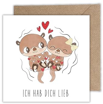 WBdesignz Grußkarte „Ich hab dich lieb“ – quadratisch – mit Otter-Pärchen & Herzen – niedliche Karte für Freundschaft, Familie & kleine Gesten
