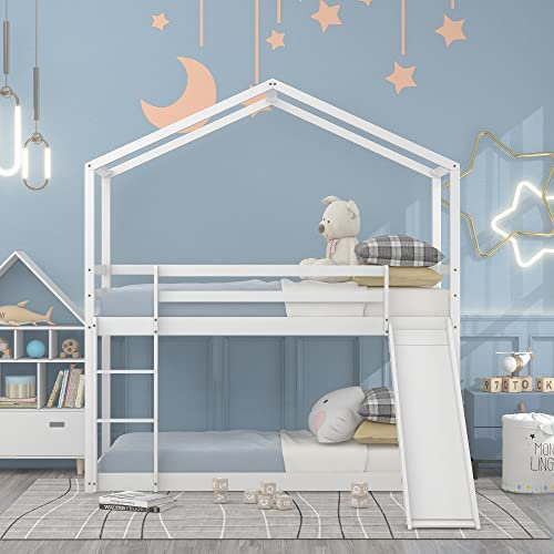 Etagenbett Kinderbett 90 x 200, Hausbett für 2 Kinder, Hochbett mit Rutsche & Leiter, Holzbett Baumhaus Bett Stockbett Jugendhochbett Massivholz-Etagenbettrahmen mit Lattenrost, Weiß, Ohne Matratze
