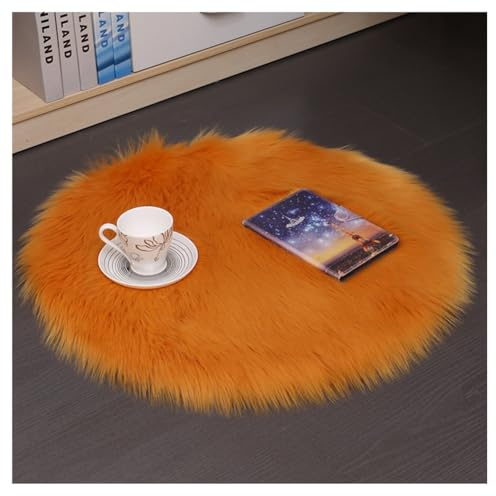 Hrlace Lammfell Schaffell Teppich Rund Kunstfell Teppich Waschbar Weich Fellteppich Flauschiger Longhair Stuhlauflage Nachahmung Wolle Bettvorleger Sofa Matte für Heimdekoration Orange 45 * 45cm