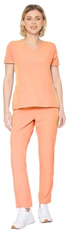 Dagacci Medical Uniform Women's Fitted 4-Way Stretch Y Neck Natural Stretch Scrub Set, Peach, S