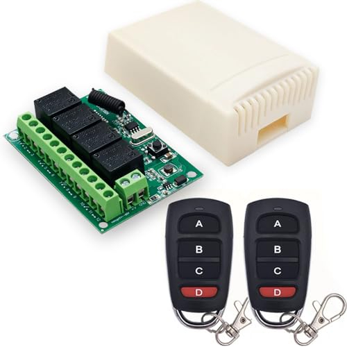 QIACHIP Interruttore di controllo remoto wireless DC 12V 24V 10A Ricevitore relè radiocomando 4 canali 433 Mhz con 2 trasmettitori RF, per luci, porta del garage, motore