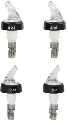 Fackelmann Lot de 4 becs verseurs doseurs à alcool 2 cl et 4 cl | Dosage précis, Lot de 4 pour plusieurs bouteilles, Format 10 cm compact, Plastique et inox, Pour cocktails et cuisine