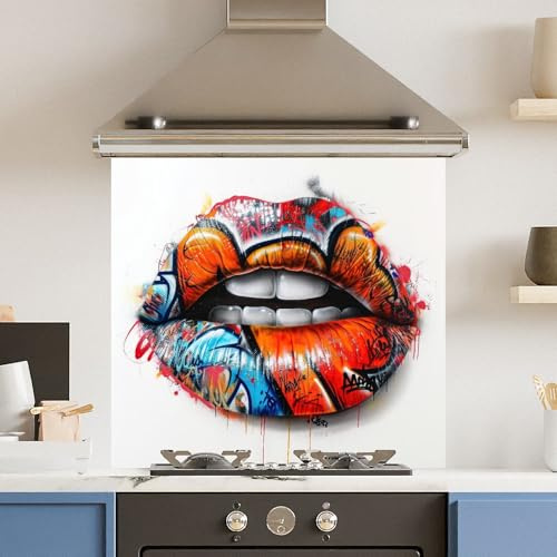 Toughened 6mm Glass Kitchen Splashback 70 x 65cm Grafitti Mouth - Polished Edge Heat Resistant Back Splash for Cookers Hob