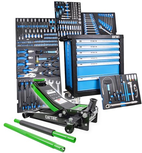 DeTec. Verkstadsvagn 3066 Blue Edition verktygsvagn fylld | verktygslåda med verktyg | 6 av 6 lådor med verktyg | verktygslåda med kolinlägg inkl. 3 ton domkraft grön