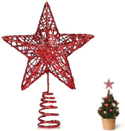 GXFCING Christbaumspitze Baumspitze Kleine Stern Glitzer 3D Metallic Weihnachtsbaumspitze Tannenbaum Spitze Stern für Weihnachtsbaum Christbaumschmuck 15 x 12cm (Rot, S)