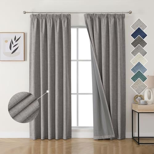Joydeco 100% Blackout Curtains Bedroom 55 x 79 Inch Drop, Faux Linen Pencil Pleat Thermal Insulated Drapes with Coating Back Layers for Room Darkening Privacy Protection, 2 Panels, Light Grey
