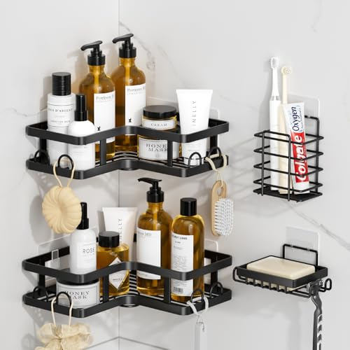 FOXWHALE 4 ripiani doccia senza foratura, angolo doccia con gancio, supporto per gel doccia nero con 1 supporto per dentifricio e 1 porta sapone, organizer per bagno e cucina