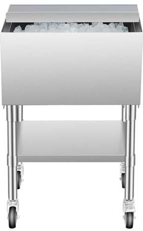 VEVOR Bac à glaçons commercial, 610x484x935 mm, coffre à glace à roulettes sous bar 61,6 L, en acier inox, avec couvercle coulissant, plateau de rangement inférieur, pieds à balles réglables, pour pub