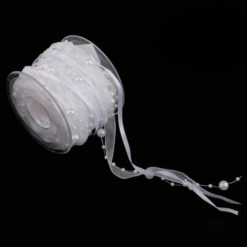 HSTWODE 10/40M 4 Farben Künstliche Perlenband Chiffon-Band 1 cm breit und Organza-Spitze-Band-Ordnungen für Hochzeits-Blumen-Weihnachtsbaum-Dekoration Nähen Handwerk Verpackung (1 Rolle Weiß)