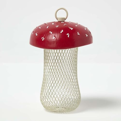 HOMESCAPES Hanging Bird Feeder, Red Mushroom Bird Seed Feeder, Iron Feed Station For Wild Birds & Animals, Trendy Spring Outdoor Garden Decorations, Suitable for Seeds, Nuts & Fatballs - 17.7x13x13 cm