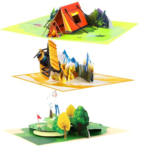 3D Pop Up Abenteuer-Grußkarten für Männer - Camping, Golf und Flugzeug Gruß für Vatertag, Geburtstage, Ruhestand - Inklusive Umschlägen und Blanko-Notizkarten