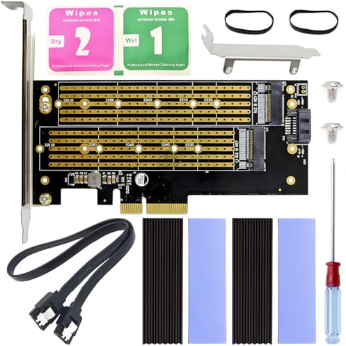 ZHUROUPU Dual M.2 SSD PCIe X4 Adapter für eine M.2 NVMe SSD und eine M.2 SATA SSD, 22110 2280 2260 2242 2230 M.2 SSD NVME (M-Key) und SATA (B-Key) Dual Erweiterungskarte mit Kühlkörper und SATA-Kabel
