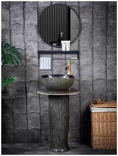 SdaryWare Lavandino da appoggio Indipendente, lavabo d'Arte per Hotel, lavabo da appoggio con Motivo in Pietra Nera retrò, lavabo da appoggio Indipendente per Bagno,with Mirror