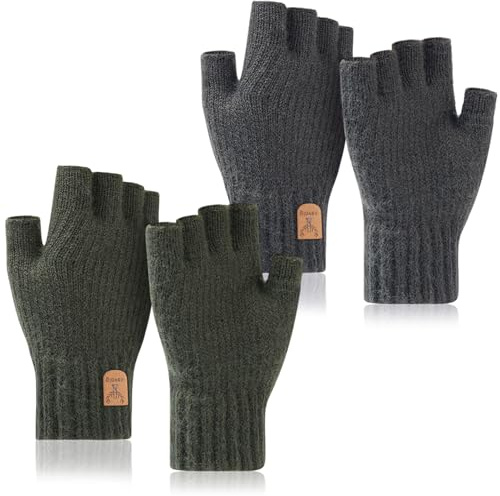 ViEinkaufen 2 Pair Mens Fingerless Gloves Thermal Winter Warm Knitted Thermal Fingerless Gloves For Women Men Running Biking Driving Working(Green+Deep grey)