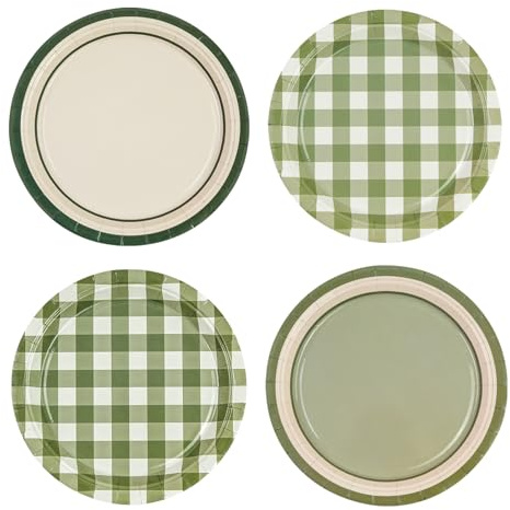 EVYIENEN 48 piatti di carta a quadretti verde salvia, 17,8 cm, usa e getta, a quadri, per torte, dessert, picnic, matrimoni, compleanni, campeggio, feste, 4 colori