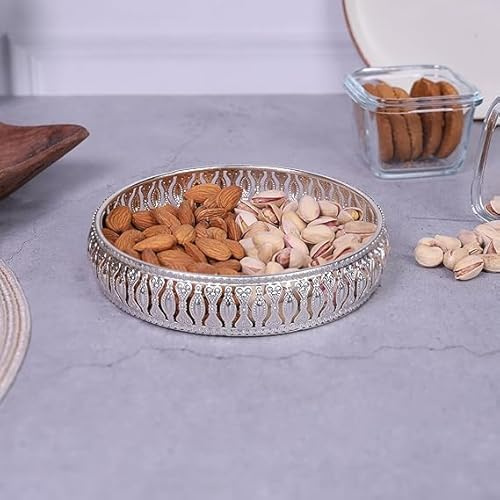 Garden of Arts Silver Decorative Multipurpose Round Tray – 6 × 1 Inches Ornate Metal Platter for Snacks, Dry Fruits, Makeup, Jewelry, Puja & Gifts – Elegant Home Décor Serving Tray